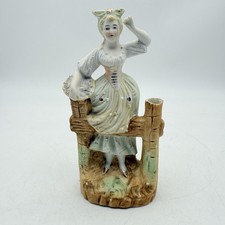 Vtg Peasant Girl Figurine On Fence Hand painted Ceramic Made in Japan picture