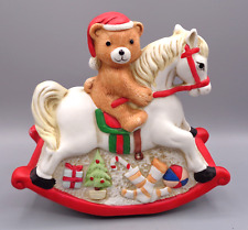 Porcelain Teddy Bear on Rocking Horse Music Box Figurine plays 