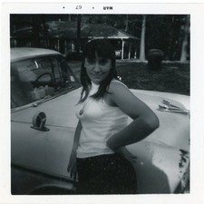 Vtg 1960s Found B&W Photo Pretty Girl White Tank Top w/ Classic Car Snapshot picture