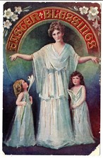 POSTCARD Vintage 1910s EASTER BLESSINGS Pretty Lady with Girls in Matching Gowns picture