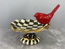 MacKenzie-Childs Courtly Check Pedestal Ring Dish Red Figural Bird Scalloped Rim picture