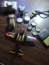 VINTAGE LARGE JUNK DRAWER LOT WATCHES, FIGURINE, COMPASSES, LIGHTERS ETC picture
