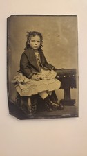 Antique 1860s Tintype Portrait Young Girl Elaborate Dress Early American Photo picture