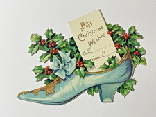 Original 1880s Victorian Trade Card DieCut Embossed High Heel Shoe Christmas Tag picture