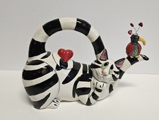 Blue Sky SWAK Lynda Corneille Clancy Cat Teapot Zebra Stripe bird signed  picture