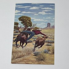 1953 Bulldogging Steer Wrestling Allstate Motel Utah Artist Tone Postcard picture