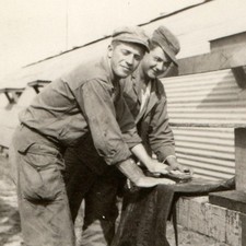 c1940s WWII Era Soldiers Washing Heavy Boots Snapshot Photo Workwear Camp Pail picture