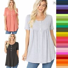 Plus Size Women's Henley Round Neck Yoke Shirring Short Sleeve Rayon Top T Shirt picture