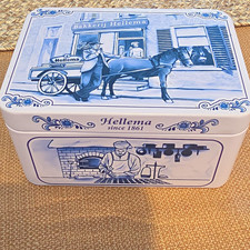 Vintage Hellema Holland Biscuit Tin Delft Blue White Dutch Bakery Scene Clean picture