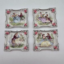 Set of 4 Dresden Porcelain Plaques Sandizell Courting Couple Roses Germany picture
