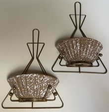 Vintage MCM Ceramic Brass Wall Pockets Planters Mid Century Instrument 1950s picture