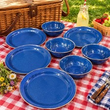 Vintage Blue Enamelware Plates & Bowls Speckled Silver Rim Camping Set of 4 picture