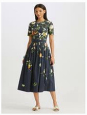 Oscar de la Renta Navy Floral Pleated A-Line Crew Neck Midi Dress 2 22SN204DAP picture