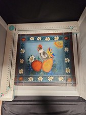 Vintage Folk Art Hand Painted Wooden Panel Rooster Sun Fruit Country Decor picture