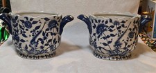 Stunning Matching Pair of Vintage United Wilson JUWC Blue White Handled Planters picture