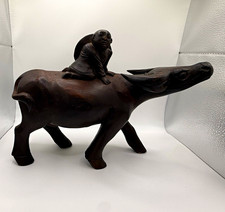 Vintage Hand Carved Wood Buffalo Figurine w/ Rider, Brown Natural Finish picture