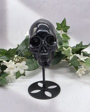 Rustic Dark Smoky Quartz Skull on Metal Stand – Natural Cracks & Matrix picture