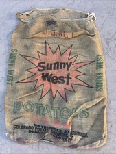VTG Sunny West Colorado Potatoes Burlap Bag 100 lbs Gunny Sack Rare Antique htf picture