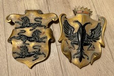 Vintage Heraldic Wall Plaques Pair – Double Headed Eagle & Three Lions Crest picture
