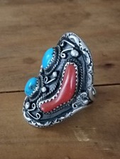 Vintage Navajo Sterling Silver Coral Turquoise Ring 23g Size 10.5 picture