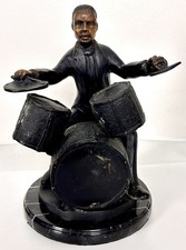 Vintage Heavy 10” Bronze Jazz Drummer Statue Signed J Part Marble Base picture