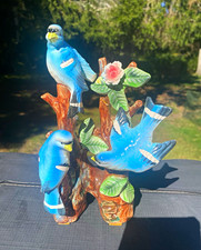 Vintage Ceramic Blue  Bird Figurine Set of 2 on Tree Branches with Pink Flower picture