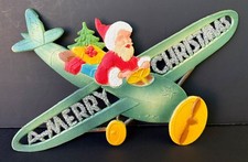 VTG German Embossed Die Cut Cardboard FLYING PLANE SANTA CLAUS Ornament 11” x 9
