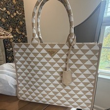 PRADA Beige/White Geometric Canvas/Leather Tote Zip Gold HW Dust Bag picture
