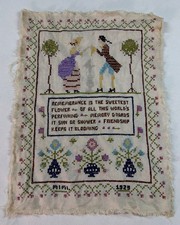 Vtg Cross Stitch Sampler 1929 Colonial Couple Friendship Remembrance Poem picture
