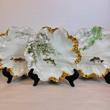 Limoges France A Lanternier Set of 3 Antique Porcelain Fish Plates Gold Gilt picture