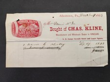 1869 antique CHAS KLINE allentown pa WINE BRANDY LIQUOR WHISKEY VINEGAR invoice picture