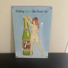 VINTAGE 7UP SODA POP LADY GASOLINE OIL PORCELAIN SIGN picture