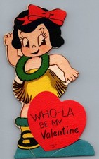 Vintage Who-la BE MY Valentine Hula Girl Die-Cut Greeting Card - Used picture