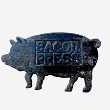 Vintage  Bacon Meat Press Pig Shape Cast Iron 6.5” Wood Handle Farmhouse Rustic picture