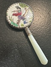 Vintage Chinese Porcelain & Jade Handle Vanity Mirror Silvertone Bezel picture