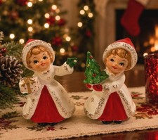 Vintage Christmas Girls Holding Tree Gift Crafted in Japan Figurines Norcrest  picture
