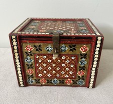 Vintage Hand Painted Indian Red Ground Wood Jewelry Chest Curio Trinket Box picture