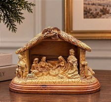 Vtg Hand Carved Wooden Nativity w Stable, Holy Family Manger Figurine 6.5