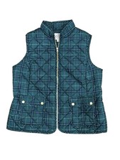 St. John’s Bay Women’s Large Green Navy Plaid Quilted Vest Gold Zip Preppy picture