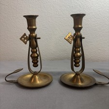 Vintage Pair 2 Brass Gimbal Swivel Nautical Ships Chamberstick Candle Holder 6” picture