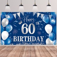 60th Birthday Banner Backdrop,BTZO Happy 60th Birthday Decorations,Blue Silve... picture