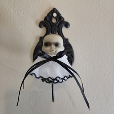CREEPY MOUNTED BABY DOLL HEAD HANDMADE ANTIQUE METAL HALLOWEEN WALL DECOR PROP picture