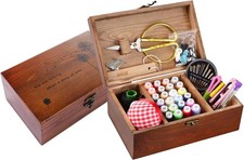 Vintage Wooden Sewing Kit Box - Complete Repair Set with Accessories for All picture