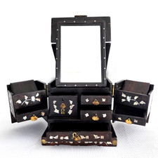 Antique 1800s Wooden Fold Out Mirror Vanity Dressing Chest Mother of Pearl Inlay picture