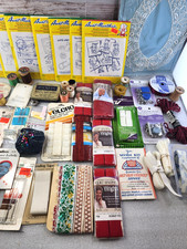 Vintage Sewing Notions Estate Craft Lot Wood Thread Spools, Tape, Pins, Cushion picture