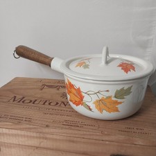 Vintage Descoware Cast Iron Enamel Ware Saucepan W/ Lid Maple Leaf Autumn picture