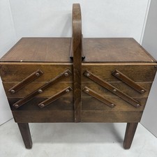 Vtg Strommen Bruk Hamar Accordian Wood Sewing Basket Storage Chest w/ Supplies picture
