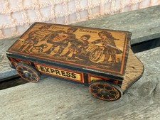 Rare Antique Hello Express Wooden Lithographed Toy Wagon Candy Container picture