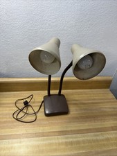 VTG MCM INDUSTRIAL DOUBLE GOOSENECK DESK LAMP W/ METAL CONE SHADES - WORKS picture