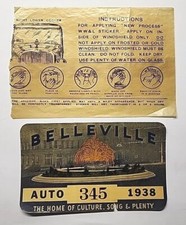 1938 City of Belleville Illinois Vehicle License Window Sticker Decal PB137 picture